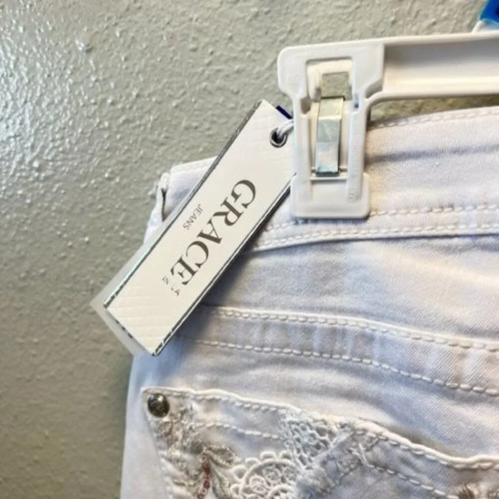 Grace Jeans Embroidered White Denim Easy Fit Frayed Hem Floral Design Womens Pan